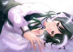 Rule 34 | 1girl, a pure and lovely moment (love live!), alternate hairstyle, artist name, artist request, bed, belt, beret, black hair, black hat, black skirt, blue hair, bow, bowtie, braid, breasts, buttons, checkered clothes, checkered skirt, dark blue hair, dark green hair, dress, feathers, green belt, green bow, hair between eyes, hair ornament, hairclip, hat, highres, long sleeves, looking at viewer, love live!, love live! nijigasaki high school idol club, love live! school idol festival, love live! school idol festival all stars, mifune shioriko, miniskirt, on bed, orange eyes, parted lips, plaid, plaid skirt, pleated, pleated skirt, puffy long sleeves, puffy sleeves, red eyes, short hair, single braid, skirt, smile, solo, white bow, white dress, white feathers