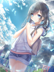 Rule 34 | 1girl, amano hina (tenki no ko), aruka (alka p1), backpack, bag, bare arms, bare shoulders, black choker, black hair, blue eyes, blue shorts, blue sky, blush, building, choker, city, closed mouth, cloud, cloudy sky, commentary request, day, dutch angle, fence, flower, hair between eyes, highres, hood, hood down, hooded jacket, jacket, long hair, low twintails, outdoors, short shorts, shorts, sky, sleeveless, sleeveless jacket, smile, solo, tenki no ko, torii, twintails, white flower, white jacket