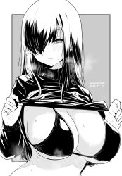 Rule 34 | 1girl, bra, breasts, clothes lift, commentary request, dated, grey background, greyscale, hair over one eye, highres, kichihachi, large breasts, lifting own clothes, long hair, looking at viewer, monochrome, original, simple background, solo, sweater, sweater lift, turtleneck, turtleneck sweater, twitter username, two-tone background, underwear, upper body, white background