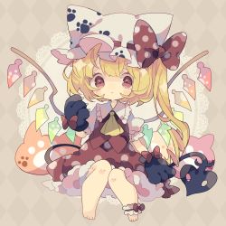 Rule 34 | 1girl, animal hands, argyle, argyle background, argyle clothes, ascot, barefoot, blonde hair, blush, bow, cat paws, chibi, closed mouth, crystal, flandre scarlet, full body, grey background, hat, hat bow, highres, looking at viewer, nikorashi-ka, rainbow order, red bow, red eyes, red skirt, red vest, shirt, short hair, short sleeves, side ponytail, skirt, solo, touhou, vest, white hat, white shirt, wings, yellow ascot