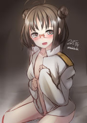 Rule 34 | 10s, 1girl, 2015, ahoge, bad id, bad pixiv id, blush, breasts, brown background, brown hair, dated, glasses, heart, heart-shaped pupils, kantai collection, naka (kancolle), nekobaka, partially undressed, sitting, smile, solo, symbol-shaped pupils, twitter username, wariza