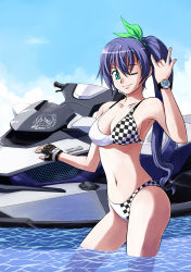 Rule 34 | 1girl, \m/, absurdres, aqua eyes, bikini, blue eyes, blue hair, breasts, catty (artist), checkered bikini, checkered clothes, cleavage, fingerless gloves, gloves, highres, jet ski, matching hair/eyes, navel, one eye closed, original, partially submerged, ponytail, purple hair, smile, solo, swimsuit, wading, watch, water, wet, wink, wristwatch