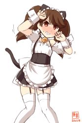 Rule 34 | 1girl, alternate costume, animal ears, apron, artist logo, black skirt, blouse, cat ears, cat tail, clenched teeth, commentary request, cowboy shot, dated, detached collar, enmaided, flat chest, frilled apron, frilled shirt, frills, garter straps, highres, kanon (kurogane knights), kantai collection, maid, maid headdress, pleated skirt, ryuujou (kancolle), shirt, simple background, skirt, solo, suspender skirt, suspenders, tail, teeth, thighhighs, waist apron, white apron, white background, white shirt, white thighhighs, wrist cuffs