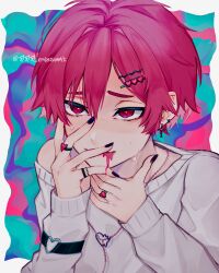 Rule 34 | 1boy, akatuki25178, bishounen, border, colored eyelashes, commentary request, earrings, hair between eyes, half-closed eyes, highres, jewelry, multiple hairpins, nail polish, original, pink hair, pink liquid, psychedelic, purple nails, red eyes, ring, short hair, solo, sweat, twitter username, upper body, white border