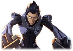 Rule 34 | 1boy, armor, artist request, backlighting, black bodysuit, black hair, bodysuit, closed mouth, code geass, code geass: lost stories, cropped torso, forehead, furrowed brow, game cg, grey eyes, grey vest, highres, leaning forward, male focus, non-web source, official art, outstretched arms, piloting, serious, short hair, shoulder armor, simple background, solo, spiked hair, transparent background, upper body, urabe kousetsu, v-shaped eyebrows, vest