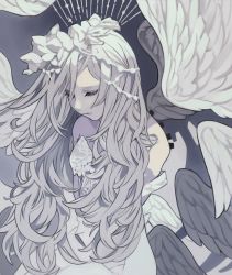 Rule 34 | 1girl, angel, angel wings, detached wings, closed eyes, female focus, grey hair, highres, limited palette, long hair, muted color, original, solo, standing, tokiwata soul, upper body, white theme, wings