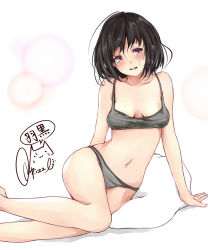 Rule 34 | 1girl, :d, arm support, bare legs, barefoot, black hair, blush, bra, breasts, brown eyes, collarbone, grey bra, grey panties, haguro (kancolle), hair ornament, kantai collection, looking at viewer, medium breasts, navel, open mouth, panties, rizzl, short hair, sidelocks, signature, sitting, smile, solo, stomach, thighs, underwear, underwear only