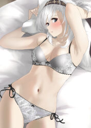 Rule 34 | 1girl, absurdres, black headband, blush, bra, breasts, clothes writing, commission, grey bra, grey eyes, grey hair, grey panties, hachimaki, hair between eyes, headband, highres, kantai collection, long hair, lying, navel, on back, one side up, panties, pillow, pixiv commission, side-tie panties, small breasts, solo, suzutsuki (kancolle), tama (tamago), underwear, underwear only