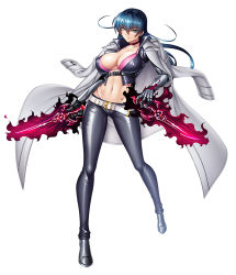 Rule 34 | 1girl, bikini, bikini top only, breasts, choker, cleavage, coat, coat on shoulders, cropped jacket, dagger, dual wielding, full body, green eyes, holding, igawa asagi, igawa asagi (clone), jacket, kagami hirotaka, knife, large breasts, leather, leather jacket, leather pants, long hair, looking at viewer, mechanical arms, navel, official art, pants, simple background, solo, swimsuit, taimanin (series), taimanin asagi, taimanin rpgx, thong, weapon, white background, white coat