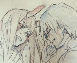 Rule 34 | 10s, 1boy, 1girl, asymmetrical horns, bodysuit, couple, crying, crying with eyes open, darling in the franxx, closed eyes, fangs, fringe trim, gloves, hand on another&#039;s face, hetero, highres, hiro (darling in the franxx), horns, long hair, looking at another, oni horns, pilot suit, ryota-h, short hair, tears, zero two (darling in the franxx)