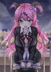 Rule 34 | 1girl, alternate costume, asymmetrical horns, bag, black thighhighs, blouse, blue eyes, blush, breasts, commentary request, demon horns, demon tail, hair ornament, holding, holding bag, hololive, horns, looking at viewer, mano aloe, mizuki haruka, open mouth, pointy ears, school uniform, shirt, solo, tail, thighhighs, uneven horns, virtual youtuber, white shirt