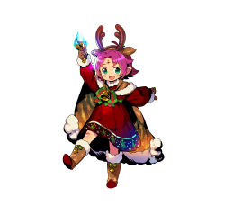 Rule 34 | 1girl, absurdres, antlers, arm up, bell, boots, bow, brown gloves, cape, dress, facial mark, fae (fire emblem), fae (winter) (fire emblem), fire emblem, fire emblem: the binding blade, fire emblem heroes, forehead mark, full body, fur trim, gloves, green eyes, highres, himukai yuuji, horns, leg up, long sleeves, nintendo, official art, open mouth, pointy ears, purple hair, reindeer antlers, short hair, simple background, solo, white background