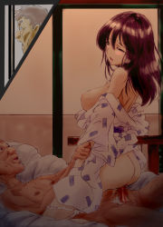 Rule 34 | 00s, 1girl, age difference, ass, bed, blood, breasts, brown hair, caught, censored, cowgirl position, cross-section, defloration, food print, girl on top, ichigo 100 percent, japanese clothes, kimono, kosokosomaru (higashi taishi), large breasts, long hair, nipples, no bra, old, old man, panties, panties around leg, penis, pointless censoring, print panties, profile, sex, straddling, strawberry panties, strawberry print, toujou aya, underwear, vaginal