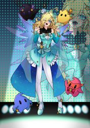 Rule 34 | 1girl, absurdres, blonde hair, blue eyes, blush, bow, breasts, crown, dress, earrings, frills, gloves, hair ornament, hair over one eye, highres, idol, idol clothes, jewelry, lips, long hair, looking at viewer, luma (mario), mario (series), megumo, nintendo, open mouth, rosalina, smile, solo, star (symbol), super mario galaxy, super smash bros., v