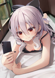 Rule 34 | 1girl, bare arms, bare shoulders, black bow, black dress, black nails, bow, breasts, cellphone, closed mouth, dress, grey hair, hair between eyes, hair bow, highres, holding, holding phone, ikazu401, looking at viewer, lying, nail polish, navel, on stomach, original, phone, red eyes, sleeveless, sleeveless dress, small breasts, smile, solo