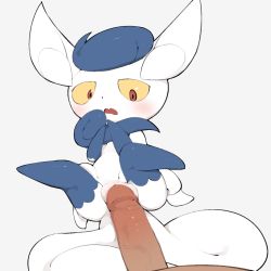 Rule 34 | 1boy, 1girl, animal ears, blue hair, blush, cat ears, colored sclera, constricted pupils, creatures (company), dark-skinned male, dark skin, erection, full body, furry, game freak, gen 6 pokemon, grey background, hands up, hetero, imminent penetration, just the tip, legs up, looking down, lying, meowstic, meowstic (female), multiple tails, nintendo, nude, on back, open mouth, penis, pokemon, pokemon (creature), pussy, red eyes, simple background, solo focus, spread legs, tail, two tails, uncensored, veins, veiny penis, yellow sclera, youjo modoki