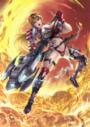 Rule 34 | 1girl, blonde hair, breasts, contra, large breasts, open mouth, sheena etranzi, solo, weapon