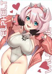 Rule 34 | 1girl, adapted costume, ahoge, aqua eyes, armpits, black gloves, bodysuit, boots, bracelet, breasts, character name, collar, covered navel, elphelt valentine, fingerless gloves, gloves, guilty gear, guilty gear strive, hairband, highres, huge ahoge, jacket, jewelry, large breasts, looking at viewer, melusmelon, open mouth, pink footwear, pink hair, pink hairband, pink jacket, smile, spiked bracelet, spiked collar, spiked hairband, spikes, thigh boots, white bodysuit