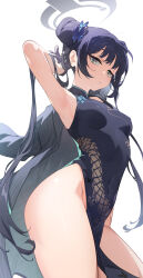 Rule 34 | 1girl, absurdres, armpits, arms behind head, arms up, black dress, black gloves, black hair, blue archive, blush, breasts, butterfly hair ornament, china dress, chinese clothes, double bun, dragon print, dress, gloves, grey eyes, hair bun, hair ornament, halo, highres, jjjsss, kisaki (blue archive), long hair, looking at viewer, pelvic curtain, print dress, sleeveless, sleeveless dress, small breasts, solo, thighs, twintails