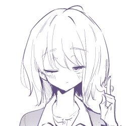 Rule 34 | 1girl, blush, closed mouth, collared shirt, commentary, honda sora, index finger raised, lonely girl ni sakaraenai, looking at viewer, monochrome, one eye closed, screentones, shirt, short hair, simple background, solo, white background, zhanzhangzlw