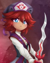 Rule 34 | 1girl, beret, blue eyes, commentary request, flamberge (kirby), hat, heart, highres, kirby: star allies, kirby (series), littlecloudie, looking at viewer, nintendo, personification, red background, red hair, short hair, solo, sword, weapon