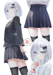 Rule 34 | 1girl, anger vein, angry, arms behind back, black bow, black jacket, black skirt, black thighhighs, blazer, blue eyes, bow, collared shirt, commentary request, contrapposto, criss-cross halter, dress shirt, drinking straw, drinking straw in mouth, grey hair, halterneck, highres, jacket, juice box, kaga sumire, long sleeves, looking at viewer, miniskirt, multiple views, nakashima (pluscolor), parted lips, pleated skirt, school uniform, shirt, short hair, simple background, skirt, spoken anger vein, thighhighs, virtual youtuber, vspo!, white background, white shirt, wing collar, zettai ryouiki
