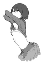 Rule 34 | 1girl, 24 (4071716), black eyes, black hair, black pantyhose, bob cut, breasts, clothes lift, clothes pull, cowboy shot, empty eyes, greyscale, hair over eyes, highres, lifted by self, looking at viewer, midriff, monochrome, monogatari (series), no bra, no panties, oshino ougi, pantyhose, pleated skirt, ribs, shirt lift, short hair, simple background, sketch, skirt, skirt pull, small breasts, solo, underboob, undressing, unzipped, white background