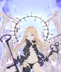 Rule 34 | 1girl, abigail williams (fate), abigail williams (second ascension) (fate), asymmetrical legwear, bad id, bad pixiv id, black bow, black panties, black thighhighs, blonde hair, bow, breasts, bug, butterfly, closed mouth, cloud, cloudy sky, commentary request, cowboy shot, day, fate/grand order, fate (series), forehead, glowing, glowing eyes, hanagin, highres, holding, holding key, insect, key, long hair, looking to the side, orange bow, outdoors, panties, parted bangs, pink eyes, polka dot, polka dot bow, revealing clothes, ruins, single thighhigh, sky, small breasts, solo, thighhighs, topless, underwear, underwear only, uneven legwear, very long hair