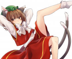 Rule 34 | 1girl, :&lt;, animal ear fluff, animal ears, ankle socks, arms behind head, bobby socks, bow, bowtie, brown eyes, brown hair, cat ears, cat girl, cat tail, chen, closed mouth, earrings, expressionless, eyes visible through hair, foot out of frame, from side, green hat, hair between eyes, hat, hoop earrings, invisible chair, jewelry, knee up, kneepits, leaning back, leg up, legs, long sleeves, looking at viewer, looking to the side, mob cap, multiple tails, nekomata, no shoes, red skirt, red vest, shirt, shirt tucked in, short hair, simple background, single earring, sitting, skirt, skirt set, socks, solo, tail, tail raised, touhou, tsurime, two tails, unkmochi, vest, white background, white bow, white bowtie, white shirt