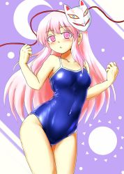 Rule 34 | 1girl, blush, breasts, competition school swimsuit, crescent moon, d-m (dii emu), fox mask, hata no kokoro, highres, long hair, mask, mask on head, moon, one-piece swimsuit, open mouth, pink eyes, pink hair, school swimsuit, small breasts, solo, sun, swimsuit, touhou