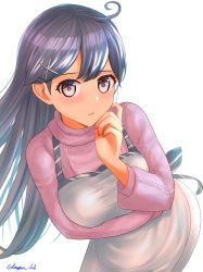 Rule 34 | 1girl, absurdres, ahoge, apron, aran sweater, black hair, blue hair, blush, cable knit, commentary, dangan kurabu, hair ornament, hairclip, highres, kantai collection, long hair, long sleeves, official alternate costume, open mouth, purple sweater, simple background, solo, sweater, thinking, twitter username, ushio (kancolle), white apron, white background