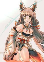 Rule 34 | 1girl, animal ears, cat ears, chest jewel, eyebrows, highres, japanese clothes, kky, leotard, long hair, looking at viewer, nia (blade) (xenoblade), nia (xenoblade), nintendo, niyah, silver hair, simple background, solo, spoilers, twintails, xenoblade chronicles (series), xenoblade chronicles 2, yellow eyes