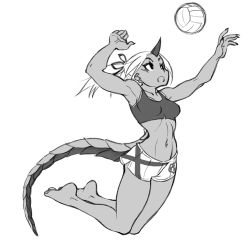 Rule 34 | 1girl, ball, barefoot, breasts, crybringer, dark-skinned female, dark skin, demon mages, full body, greyscale, hair ribbon, horns, jumping, lizard tail, lowres, monochrome, playing sports, ponytail, ribbon, short shorts, shorts, single horn, solo, sports bra, tail, toned, volleyball, volleyball (object), ziggy kakziga