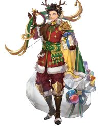 Rule 34 | 1boy, animal costume, animal ears, antlers, bow (weapon), braid, brown hair, cape, claude von riegan, claude von riegan(yuletide schemer), dark-skinned male, dark skin, deer ears, earrings, fire emblem, fire emblem: three houses, fire emblem heroes, gift, gold cape, green cape, green eyes, highres, holding, holding bow (weapon), holding gift, holding weapon, horns, jewelry, looking at viewer, multicolored cape, multicolored clothes, nijihayashi, nintendo, non-web source, official alternate costume, official art, reindeer antlers, reindeer costume, sack, single braid, smile, solo, weapon