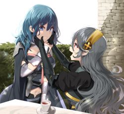 Rule 34 | 2girls, alternate color, arm guards, armor, blue eyes, blue hair, blush, brick wall, byleth (female) (fire emblem), byleth (fire emblem), cape, coat, corrin (female) (fire emblem), corrin (fire emblem), cup, fire emblem, fire emblem: three houses, fire emblem fates, grey hair, hairband, hands on another&#039;s face, long hair, looking at another, medium hair, midriff, multiple girls, navel, nintendo, open mouth, player 2, pointy ears, red eyes, sparkle, super smash bros., table, teacup, very long hair, yappen