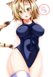 Rule 34 | 1girl, :o, animal ears, arms behind back, blonde hair, blue one-piece swimsuit, blush, breasts, breasts apart, covered erect nipples, covered navel, cowboy shot, ebi 193, embarrassed, fang, green eyes, groin, hair between eyes, head tilt, impossible clothes, impossible swimsuit, large breasts, looking at viewer, one-piece swimsuit, open mouth, school swimsuit, short hair, simple background, skin tight, solo, speech bubble, swimsuit, tail, thick thighs, thighhighs, thighs, tiger ears, tiger tail, toramaru shou, touhou, white background, white thighhighs