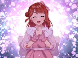 Rule 34 | 1girl, absurdres, back bow, bead necklace, beads, blunt bangs, blush, bow, closed eyes, commentary, dream with you (love live!), dress, earrings, facing viewer, hair bow, hair bun, hair ornament, hairclip, highres, huge bow, jewelry, long sleeves, love live!, love live! nijigasaki high school idol club, necklace, open mouth, pink bow, pink dress, red hair, rinon42600, short hair, single side bun, single sidelock, solo, swept bangs, teeth, twitter username, uehara ayumu, upper body, upper teeth only