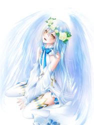 Rule 34 | 1other, absurdres, artist name, bare shoulders, blue bow, blue hair, bow, collar, detached sleeves, dress, eyelashes, flower, frilled collar, frilled dress, frills, hair flower, hair ornament, highres, limecookie, long hair, looking at viewer, open mouth, rimuru tempest, sitting, smile, solo, teeth, tensei shitara slime datta ken, thighhighs, wariza, white background, white dress, white thighhighs, wings, yellow eyes