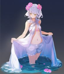 Rule 34 | 1girl, bare shoulders, bloomers, breasts, closed mouth, dress, flower, flower on water, gown, hair flower, hair ornament, highres, kudou chitose, midriff, navel, nijisanji, open clothes, open robe, robe, seinen, short hair, small breasts, smile, solo, underwear, virtual youtuber, wading, wavy hair, white hair, yellow eyes