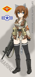 Rule 34 | 1girl, animal ears, assault rifle, bad id, bad pixiv id, black panties, blue eyes, boots, breasts, brown hair, camouflage, cat ears, cleavage, commentary request, dakku (ogitsune), desert camouflage, full body, grenade launcher, gun, gun sling, m16, m16a2, medium breasts, panties, rifle, solo, standing, strike witches, strike witches 1991, tail, thighhighs, underbarrel grenade launcher, underwear, uniform, weapon, world witches series