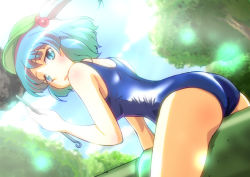 Rule 34 | 1girl, blue eyes, blue hair, cannon, female focus, hair bobbles, hair ornament, hat, kawashiro nitori, matching hair/eyes, mukai, one-piece swimsuit, school swimsuit, shiny clothes, short hair, slit pupils, solo, swimsuit, touhou, twintails, two side up