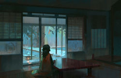 Rule 34 | 1boy, architecture, back, black hair, branch, cup, dark, door, east asian architecture, haori, house, indoors, japanese clothes, kimetsu no yaiba, lantern, leaf, long hair, looking outside, looking to the side, male focus, pixiescout, rain, room, shouji, sitting, sliding doors, solo, steam, table, tomioka giyuu