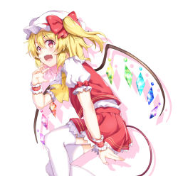 Rule 34 | 1girl, :d, absurdres, ascot, blonde hair, flandre scarlet, hat, highres, joker (tomakin524), mob cap, open mouth, red eyes, red skirt, red vest, short hair, skirt, smile, solo, thighhighs, touhou, vest, white hat, white thighhighs, wings, wristband