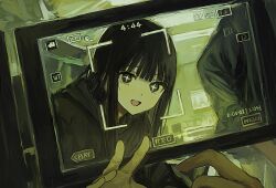 Rule 34 | + +, 1boy, 2others, :d, absurdres, androgynous, battery indicator, black-haired boy (iwzry), black eyes, black hair, black hoodie, black jacket, blunt bangs, cellphone photo, dot nose, funabashi (iwzry), highres, hood, hood down, hoodie, jacket, long hair, looking at viewer, male focus, multiple others, open mouth, original, portrait, recording, sidelocks, smile, solo, straight hair, v, viewfinder, wispy bangs