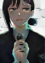 Rule 34 | 1girl, black eyes, black hair, black necktie, black suit, business suit, chainsaw man, collared shirt, formal, hair ornament, higashiyama kobeni, looking at viewer, md5 mismatch, medium hair, mole, mole on cheek, mole under eye, mole under mouth, multiple moles, necktie, open mouth, own hands together, ponytail, resolution mismatch, scared, shirt, solo, source larger, suit, sweat, tearing up, tears, yuu matudo