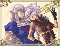 Rule 34 | 2girls, animal hands, armlet, bad id, bad pixiv id, braid, choker, drill hair, fur, grin, hand on shoulder, jewelry, long hair, monster girl, multiple girls, pixiv fantasia, pixiv fantasia 5, pointy ears, red eyes, ring, ringlets, silver hair, smile, sumith, sweatdrop, yellow eyes