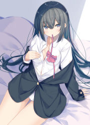 Rule 34 | 1girl, arm support, bed sheet, black hair, black jacket, blazer, blurry, blurry background, blush, bow, breasts, brown eyes, closed mouth, collared shirt, commentary request, depth of field, dress shirt, hair between eyes, highres, jacket, kavka, long hair, long sleeves, looking at viewer, mouth hold, original, pink bow, shirt, sitting, sleeves past wrists, small breasts, solo, very long hair, white shirt