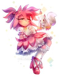 Rule 34 | 1girl, :3, alternate costume, amy rose, animal ears, animal nose, artist name, blush, bow, chromatic aberration, closed mouth, cosplay, crossover, dated, diamond (shape), dress, female focus, flat chest, floating, frilled dress, frills, full body, furry, furry female, gem, green eyes, hair bow, half-closed eyes, hands up, happy, heart, high heels, highres, interlocked fingers, kaname madoka, kaname madoka (cosplay), kneehighs, kyubey, looking down, mahou shoujo madoka magica, mahou shoujo madoka magica (anime), own hands together, pink bow, pink dress, pink footwear, pink hair, puffy short sleeves, puffy sleeves, red eyes, shoes, short hair, short sleeves, signature, smile, socks, solo, sonic (series), soul gem, spacecolonie, tail, two side up, watermark, white socks