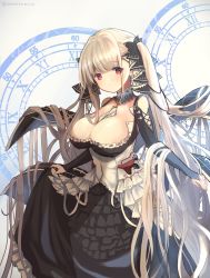 Rule 34 | 1girl, azur lane, between breasts, black dress, black ribbon, blunt bangs, breasts, cleavage, closed mouth, dress, earrings, formidable (azur lane), hair ribbon, highres, jewelry, large breasts, long hair, looking at viewer, red eyes, ribbon, silver hair, solo, twintails, twitter username, two-tone dress, two-tone ribbon, umika35, very long hair, white dress, white ribbon