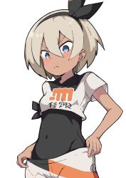 Rule 34 | 1girl, bea (pokemon), black bodysuit, black hairband, blonde hair, blue eyes, blush, bodysuit, bodysuit under clothes, bow hairband, bright pupils, closed mouth, collared shirt, commentary, covered navel, creatures (company), frown, game freak, hair between eyes, hairband, hazuki mashiro, looking down, nintendo, pokemon, pokemon swsh, print shirt, print shorts, shirt, short sleeves, shorts, simple background, solo, white background, white pupils